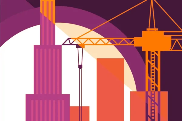 Cartoon construction crane in city
