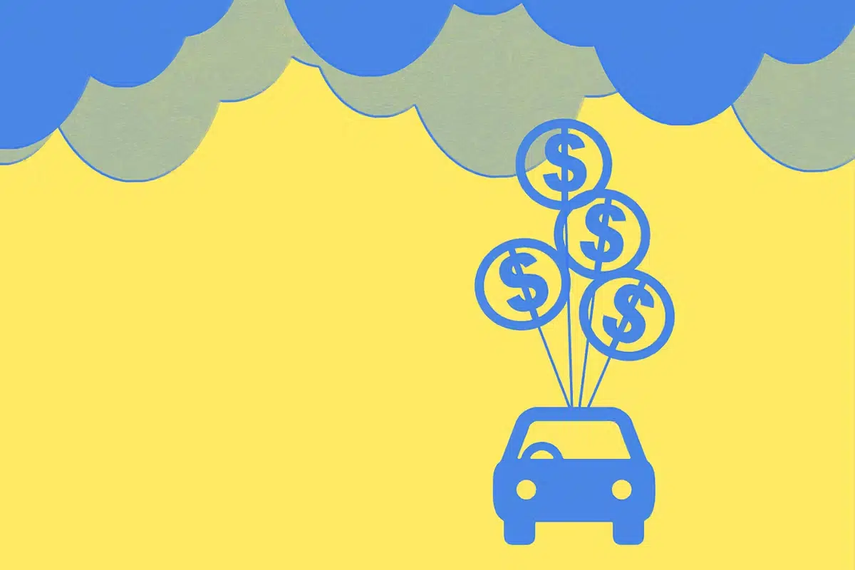 Graphic car floating with money sign balloons attached