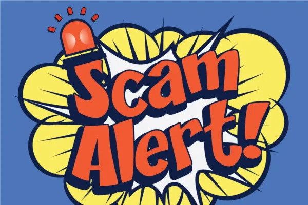 "Scam Alert!" lettering cartoon