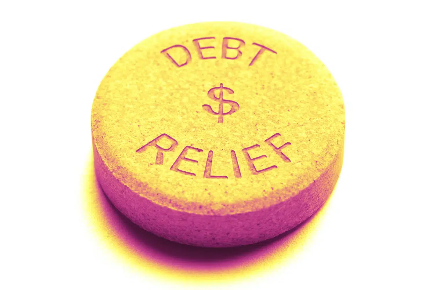 Pressed pill that says "DEBT RELIEF"