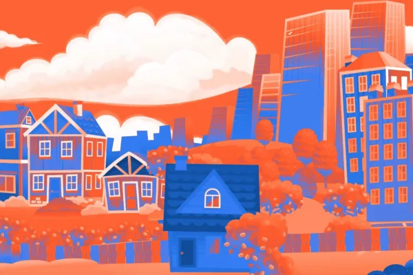 Cartoon home with city backdrop