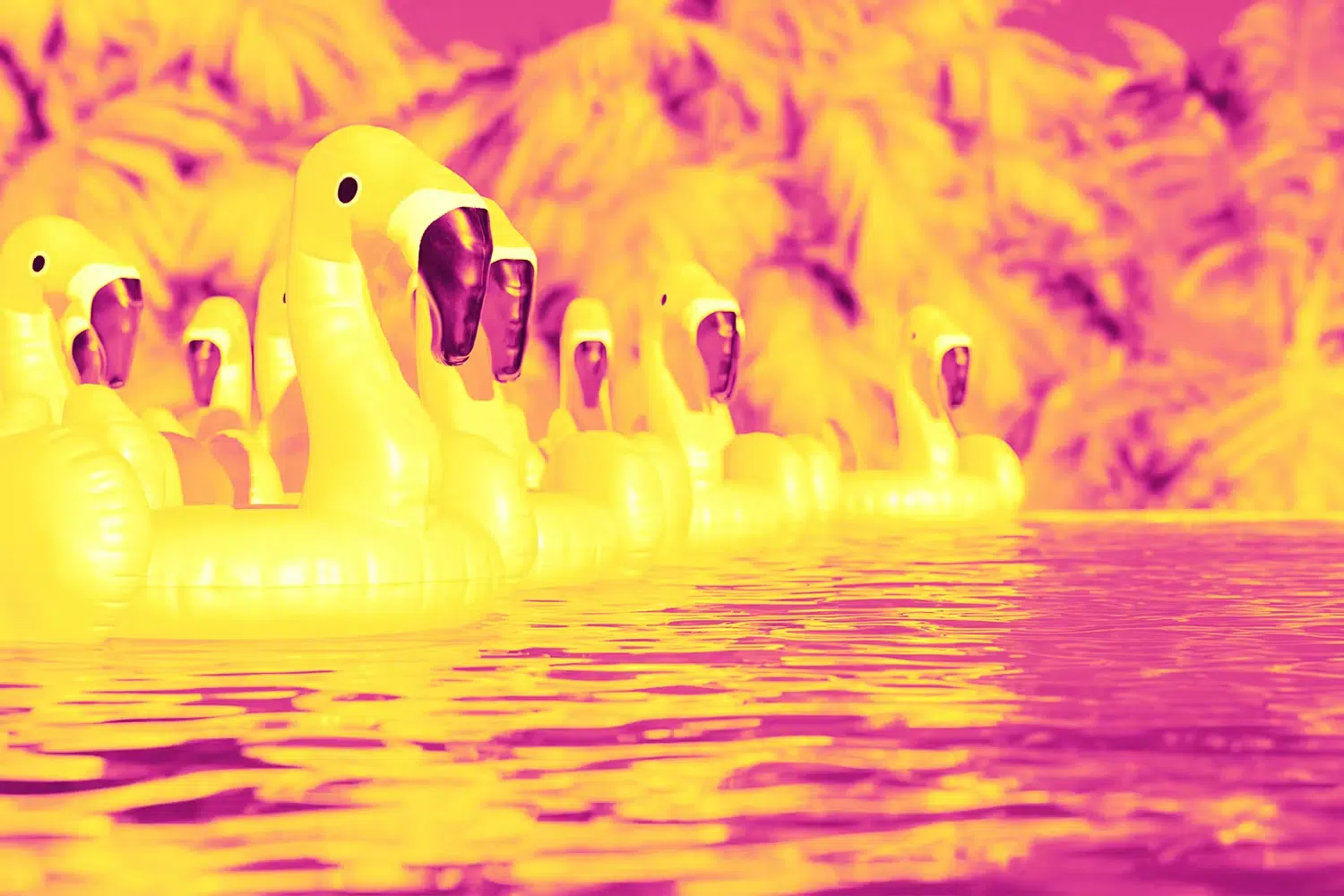 Flamingo floaties on water