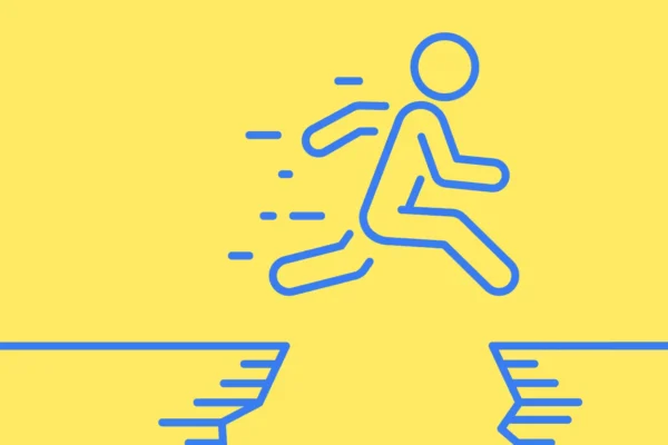 Cartoon image of man jumping over cliff