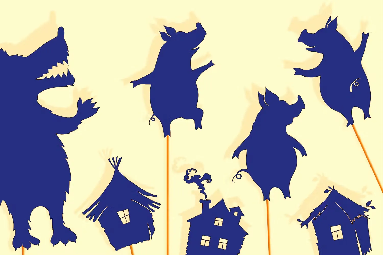 Cartoon pigs, house, wolf