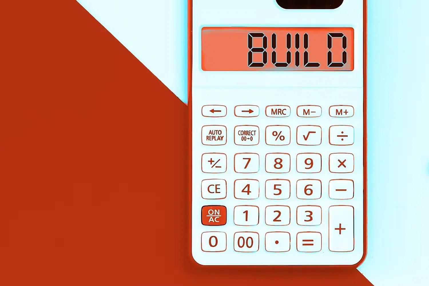 Cartoon digital calculator spelling "BUILD" on screen.