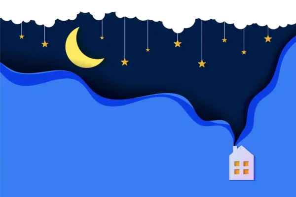 Abstract cartoon home with clouds, moon and stars