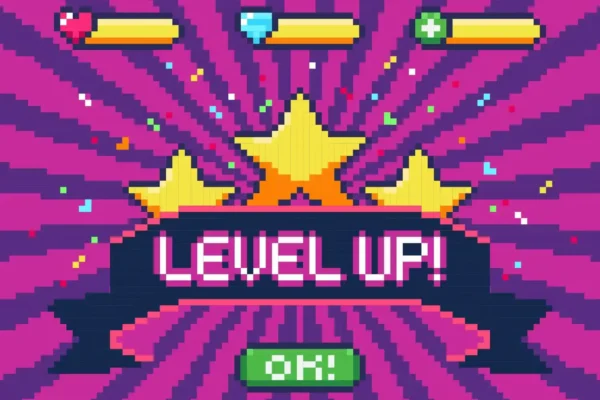 Digital graphic of videogame-style lettering reading "LEVEL UP!"
