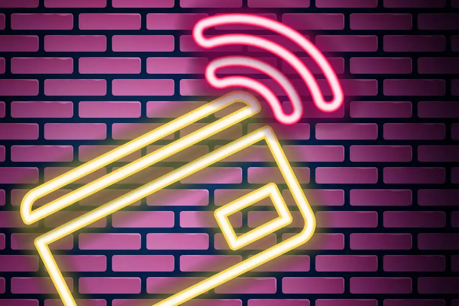 Cartoon Credit Card, pink brick backdrop